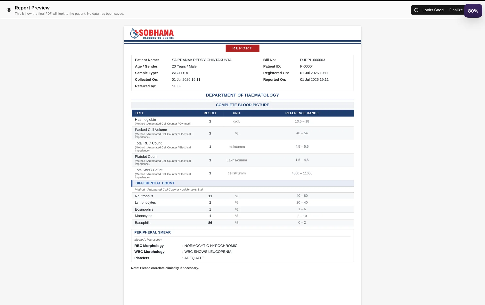 A finalized branded report preview inside HealthFlow