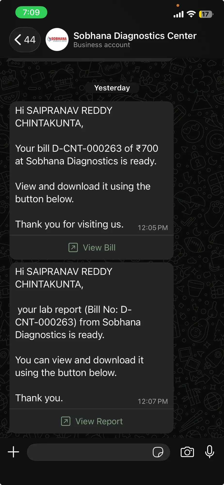 A real bill and report delivered on WhatsApp from our founder's own diagnostic centre