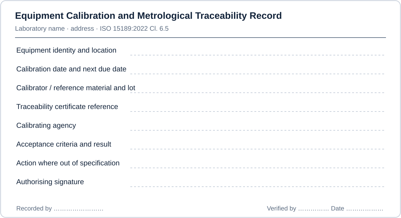 Layout of a compliant equipment calibration and metrological traceability record for an Indian medical laboratory, showing every field required under ISO 15189:2022 Cl. 6.5 — Metrological traceability of measurement results
