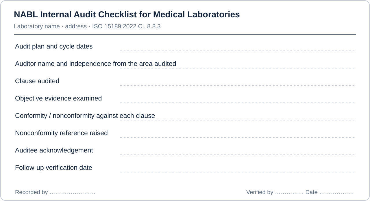 Layout of a compliant nabl internal audit checklist for medical laboratories for an Indian medical laboratory, showing every field required under ISO 15189:2022 Cl. 8.8.3 — Internal audits