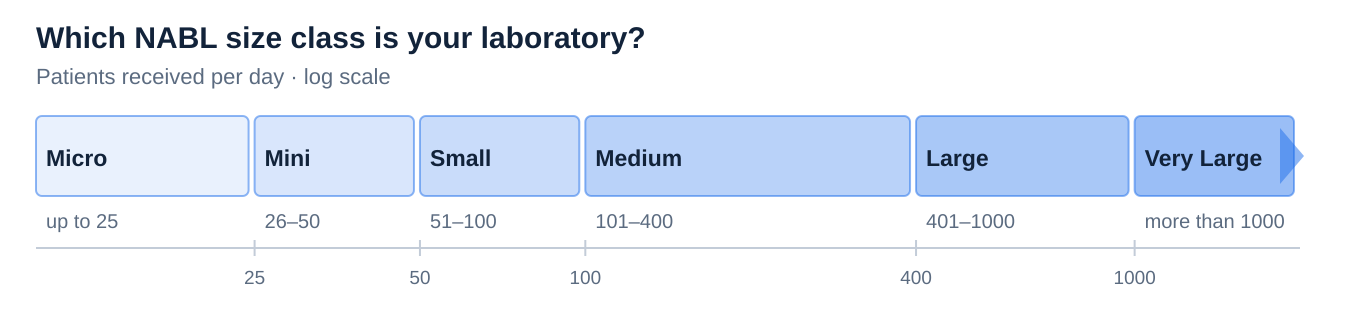NABL medical laboratory size classes by patients received per day: Micro up to 25, Mini 26 to 50, Small 51 to 100, Medium 101 to 400, Large 401 to 1000, Very Large above 1000