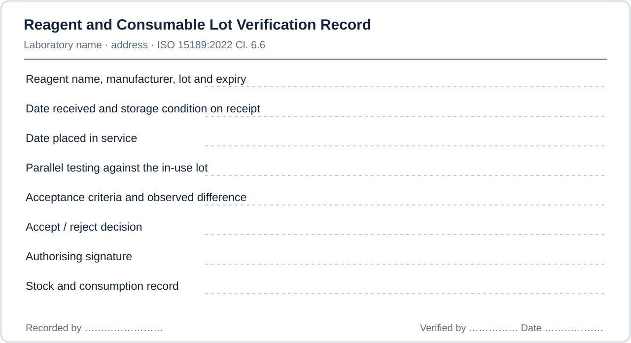 Layout of a compliant reagent and consumable lot verification record for an Indian medical laboratory, showing every field required under ISO 15189:2022 Cl. 6.6 — Reagents and consumables