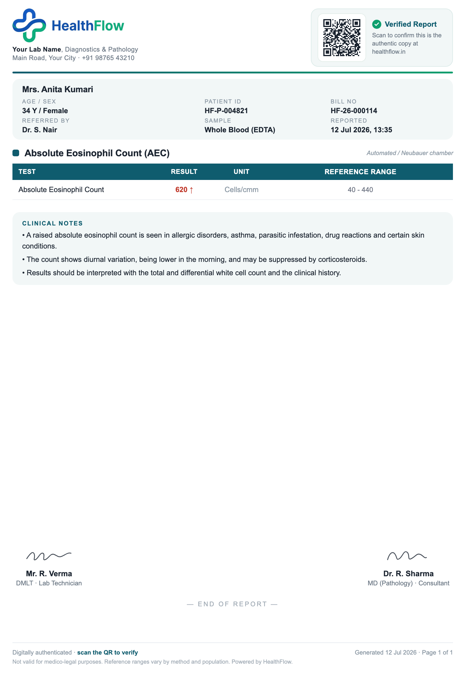Absolute Eosinophil Count report format sample, branded with HealthFlow