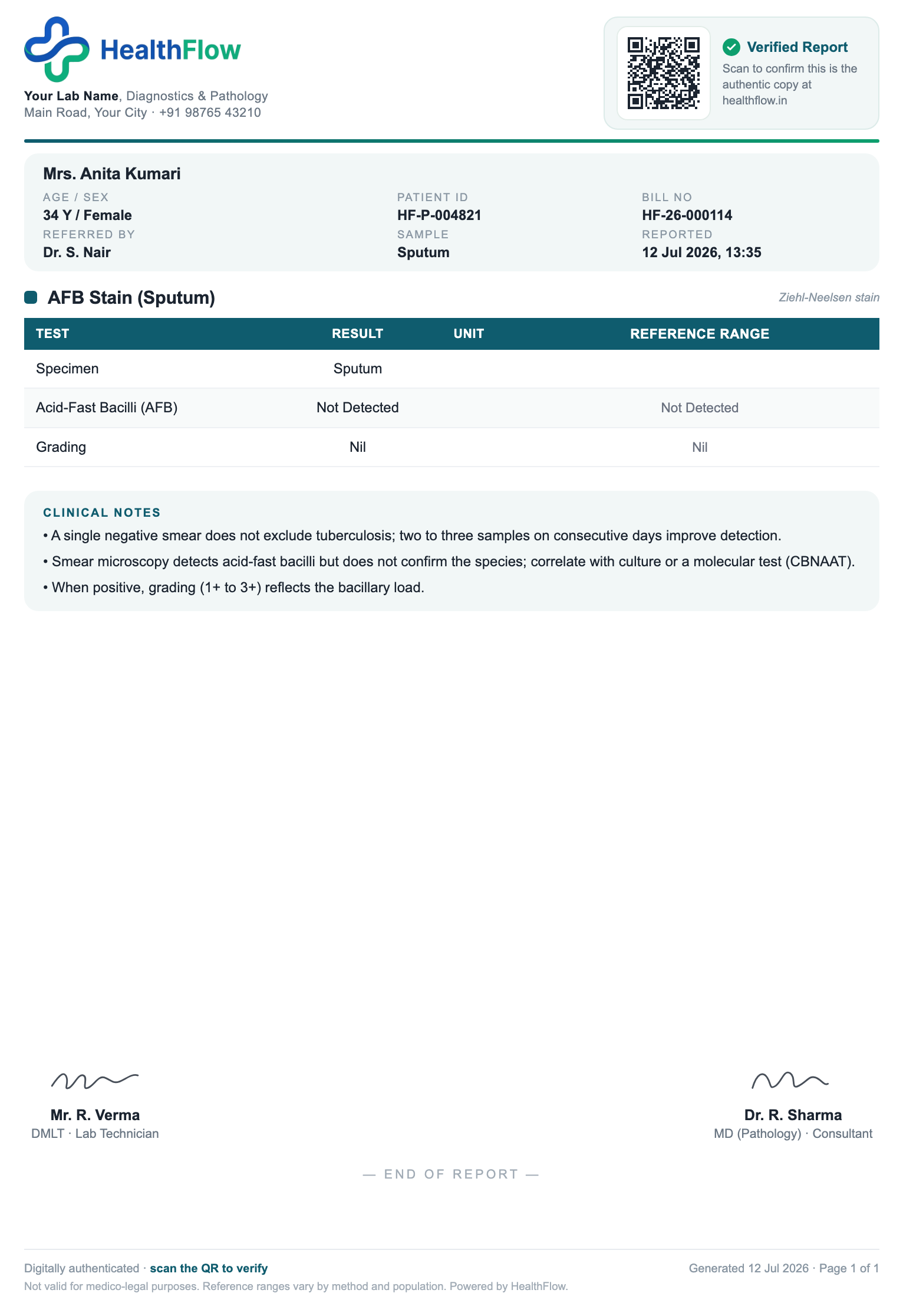 AFB Stain (Sputum) report format sample, branded with HealthFlow