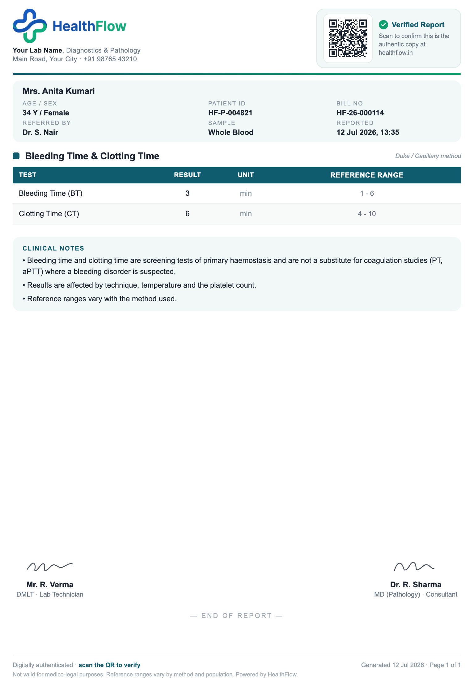 Bleeding & Clotting Time report format sample, branded with HealthFlow