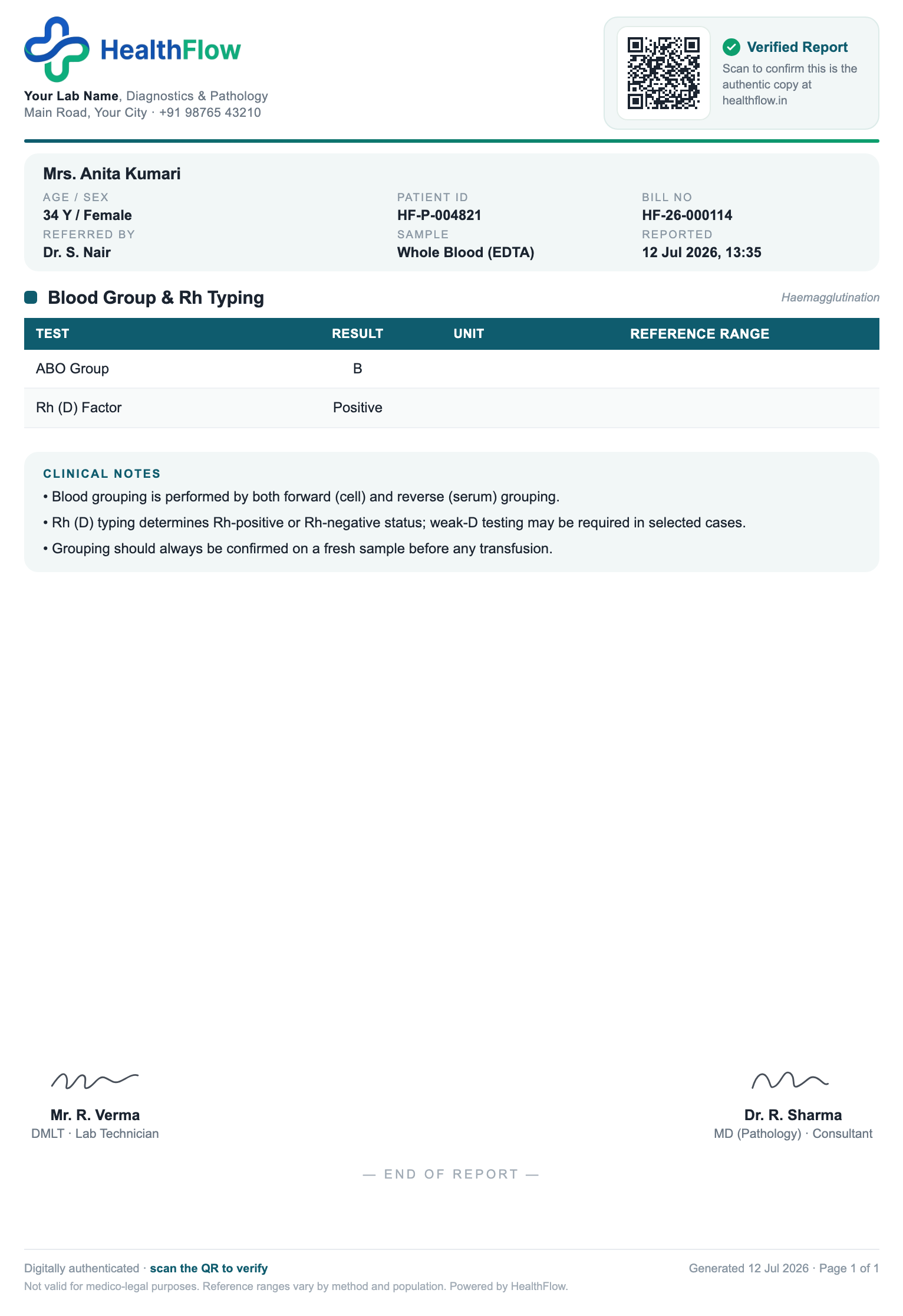 Blood Group & Rh report format sample, branded with HealthFlow