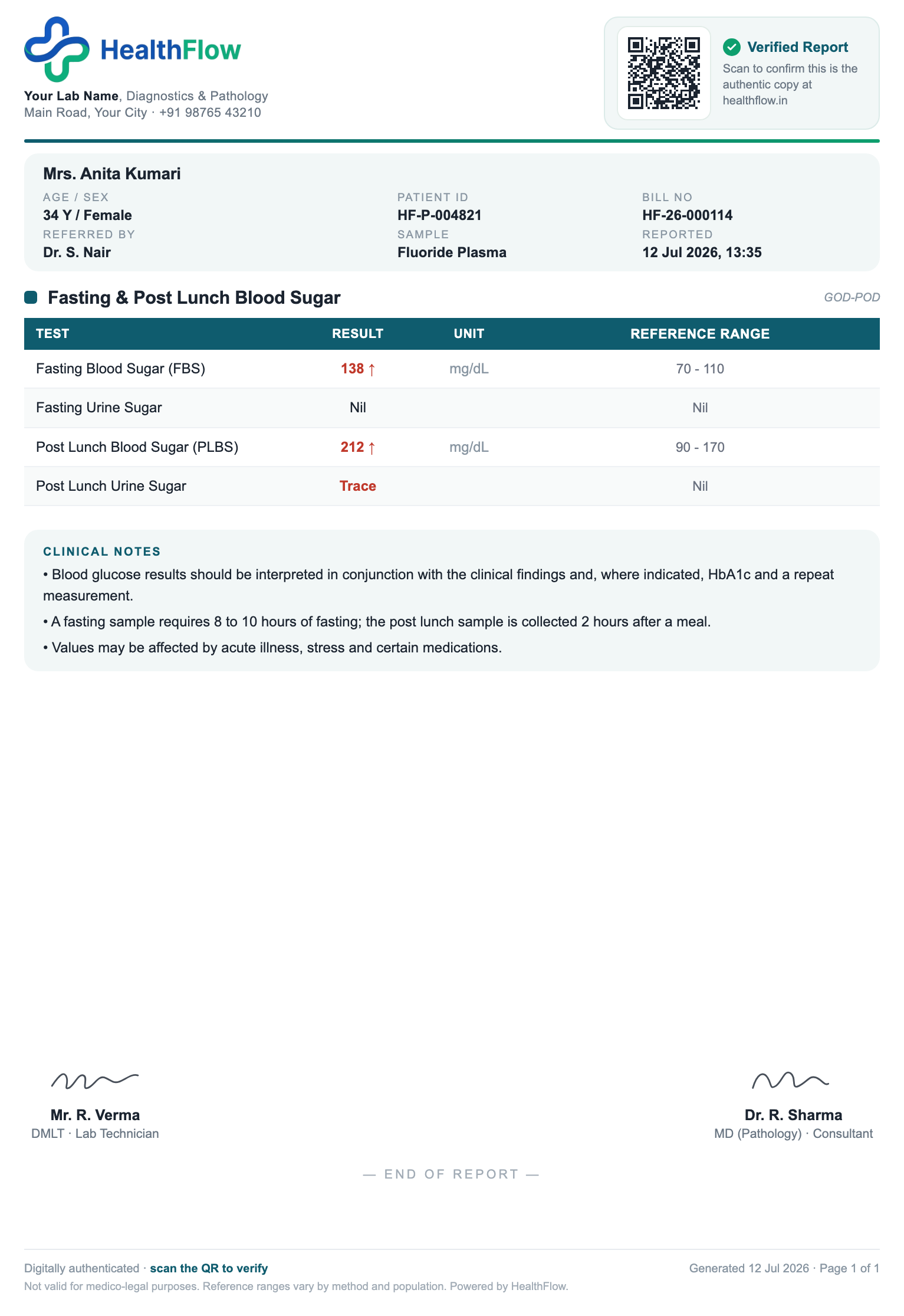 Blood Sugar (FBS & PLBS) report format sample, branded with HealthFlow