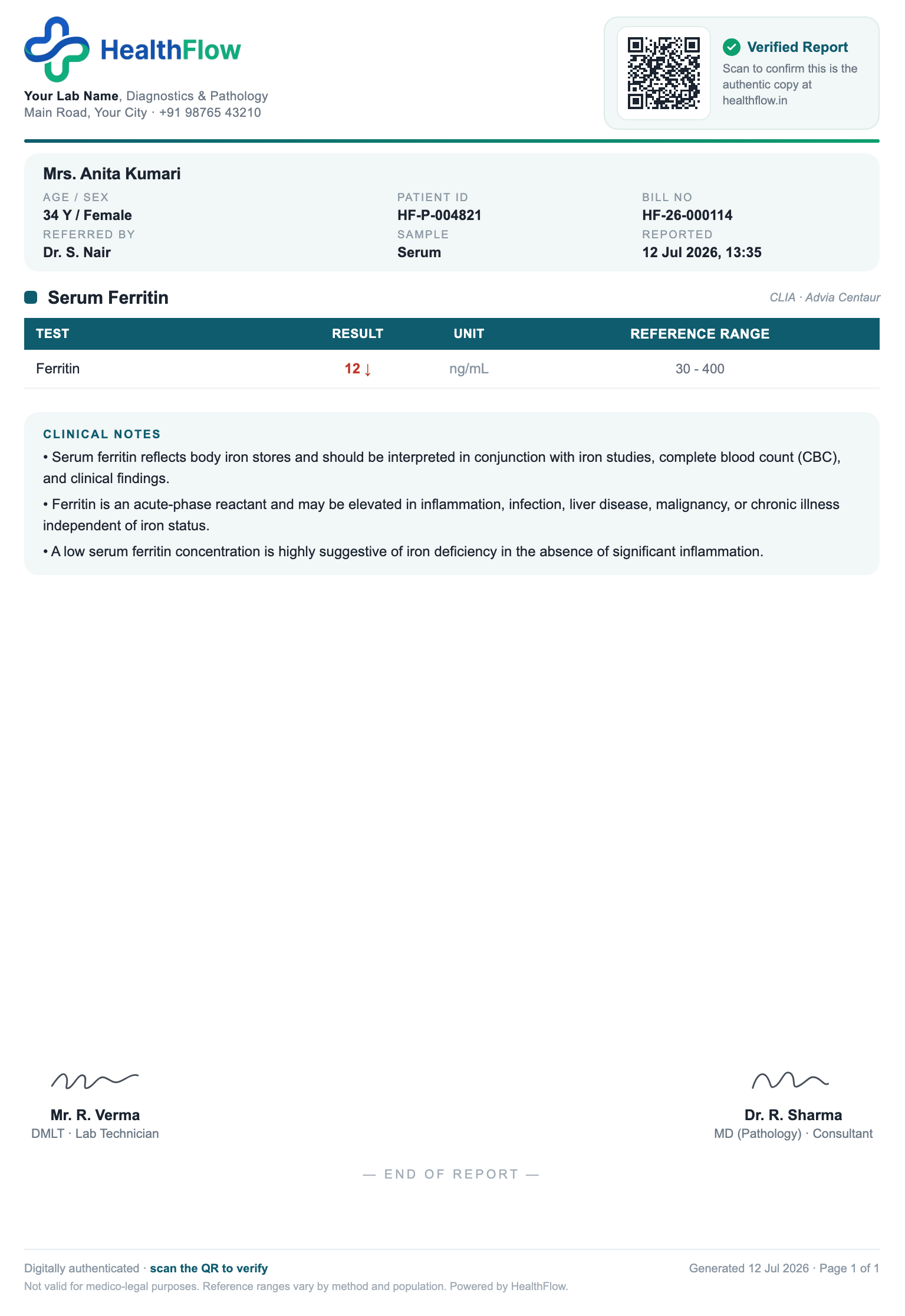 Serum Ferritin report format sample, branded with HealthFlow