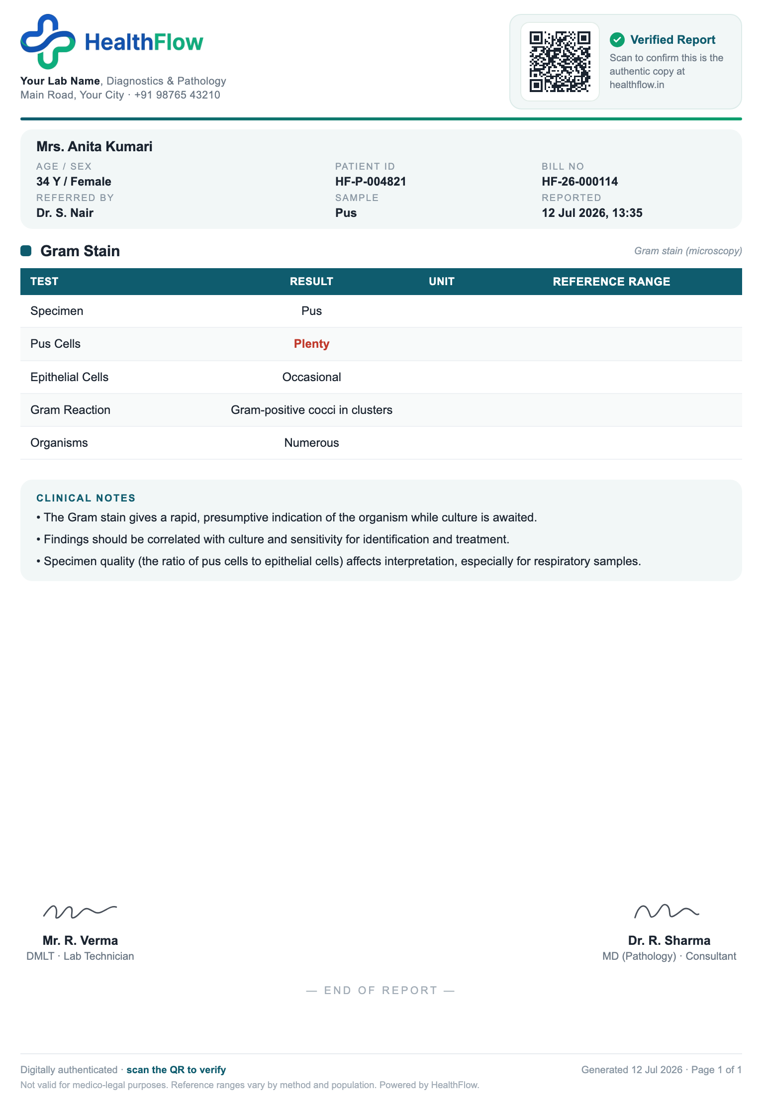 Gram Stain report format sample, branded with HealthFlow