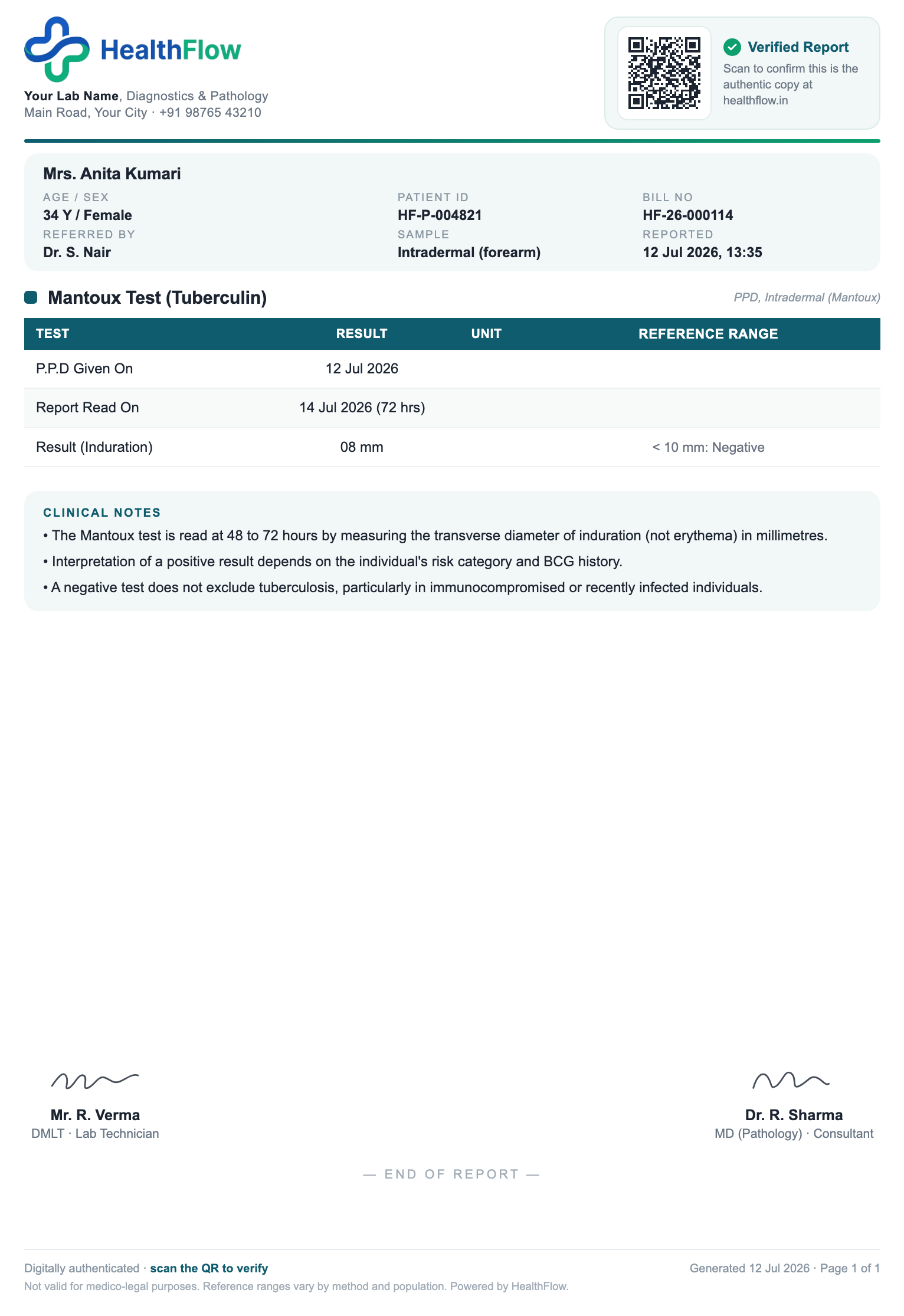 Mantoux Test (TB) report format sample, branded with HealthFlow