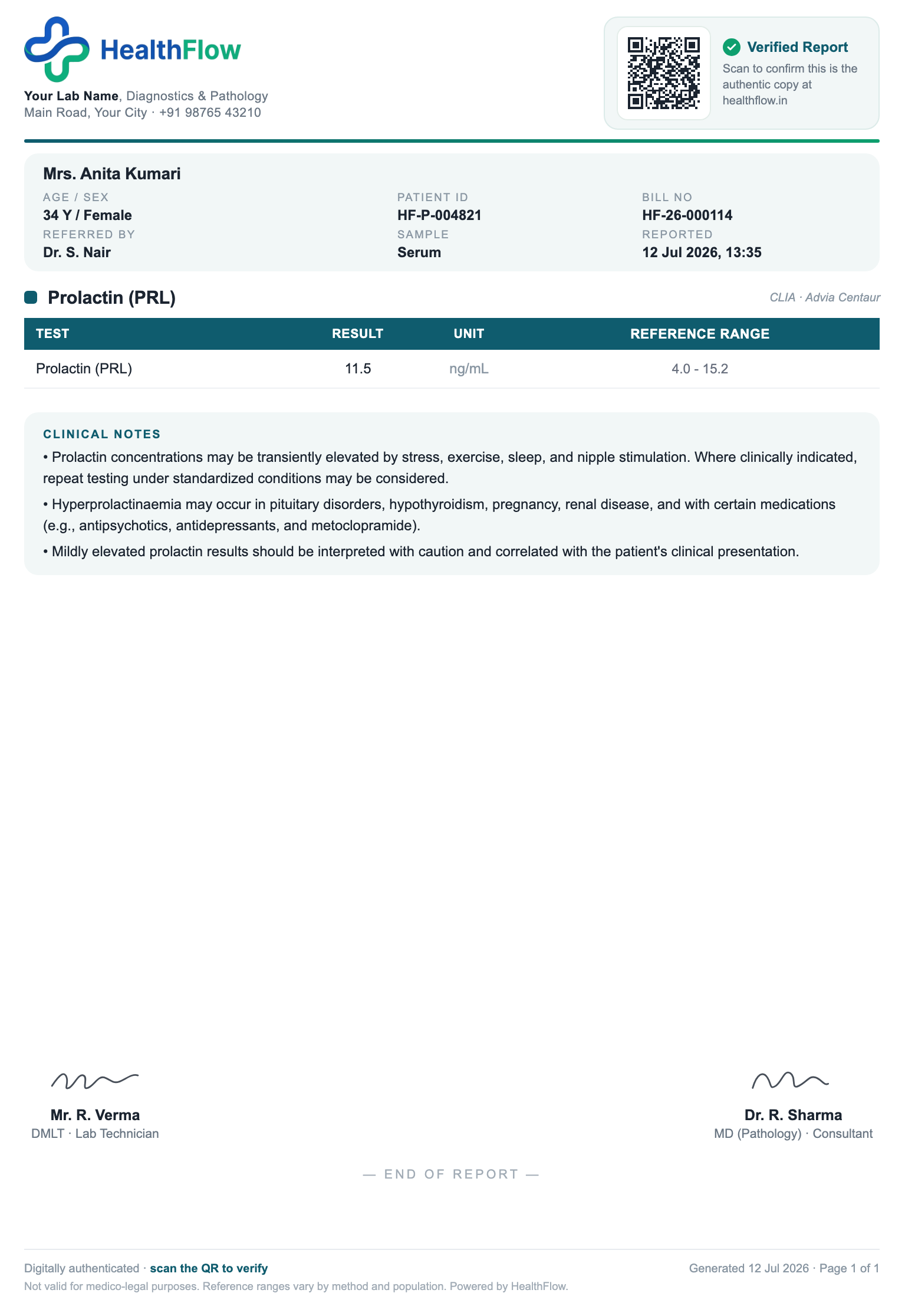Prolactin (PRL) report format sample, branded with HealthFlow