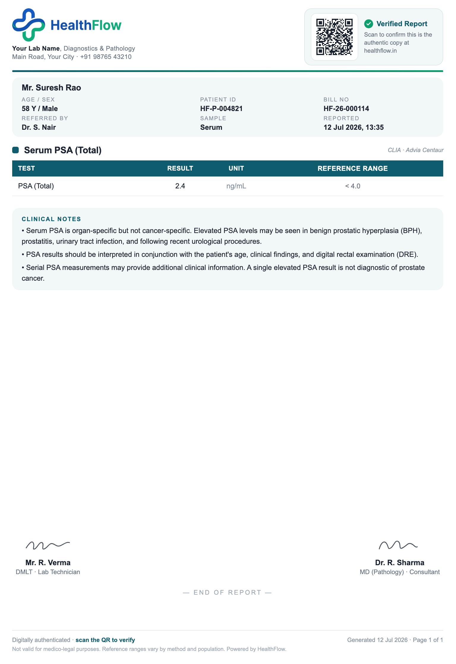 Serum PSA (Total) report format sample, branded with HealthFlow