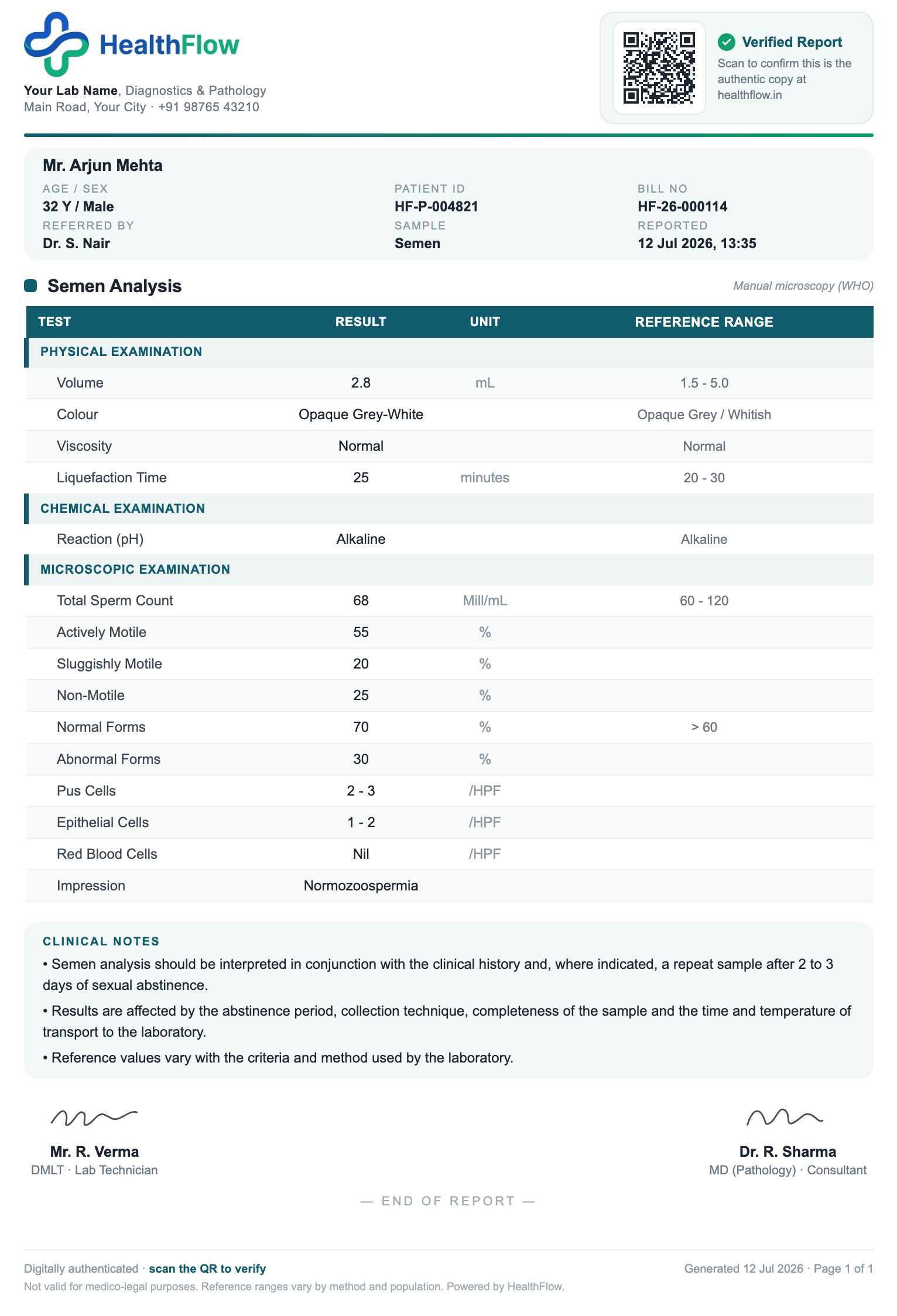 Semen Analysis report format sample, branded with HealthFlow