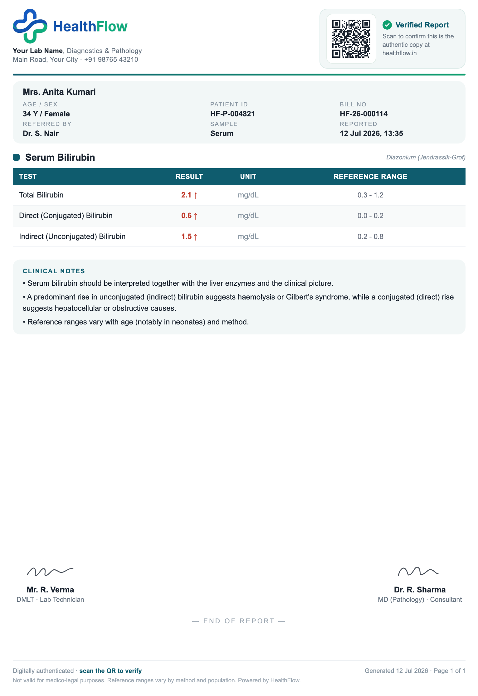Serum Bilirubin report format sample, branded with HealthFlow
