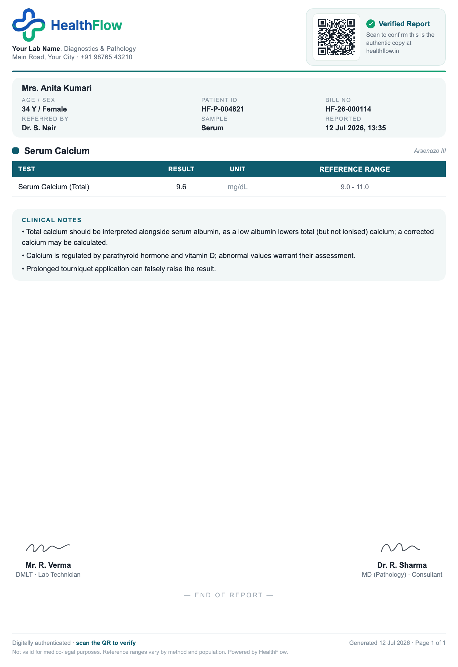 Serum Calcium report format sample, branded with HealthFlow