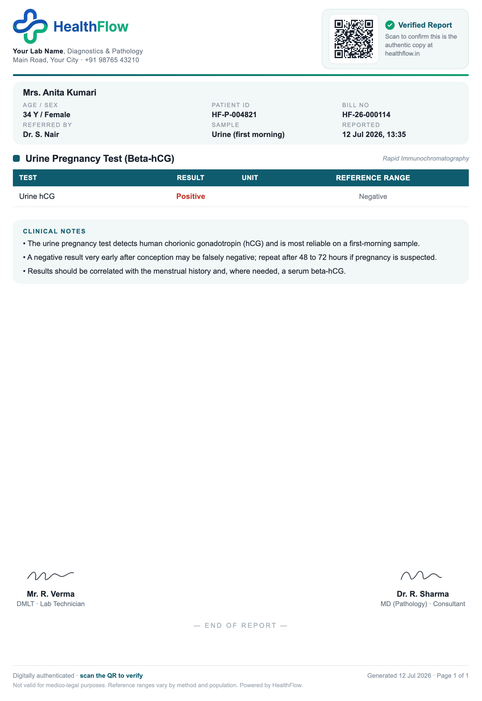Urine Pregnancy Test report format sample, branded with HealthFlow