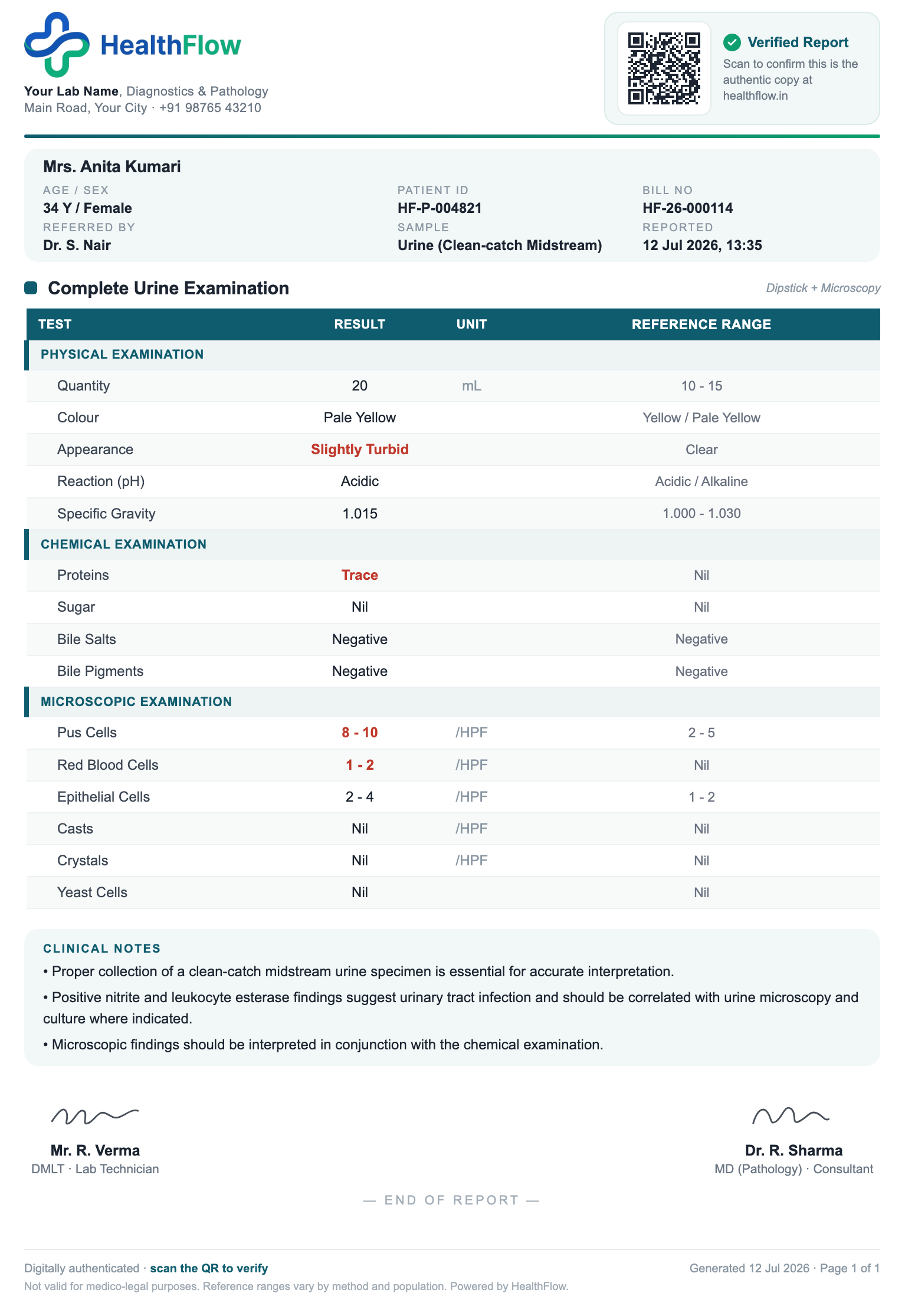 Complete Urine Examination report format sample, branded with HealthFlow