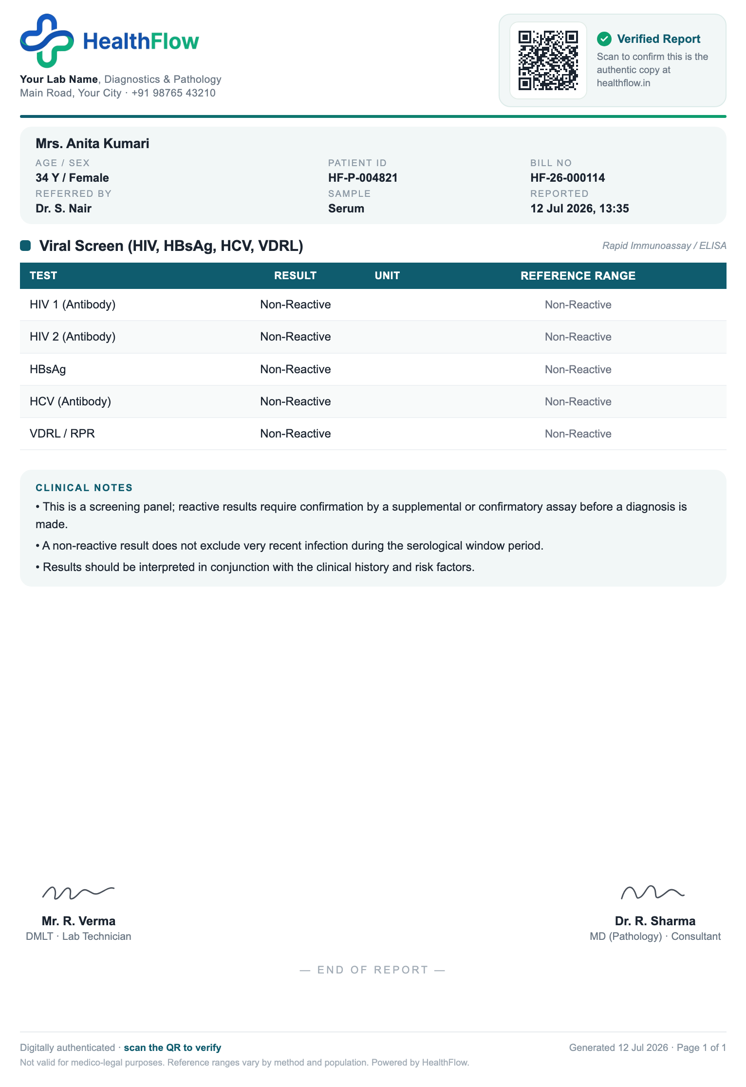 Viral Screen (HIV, HBsAg, HCV, VDRL) report format sample, branded with HealthFlow