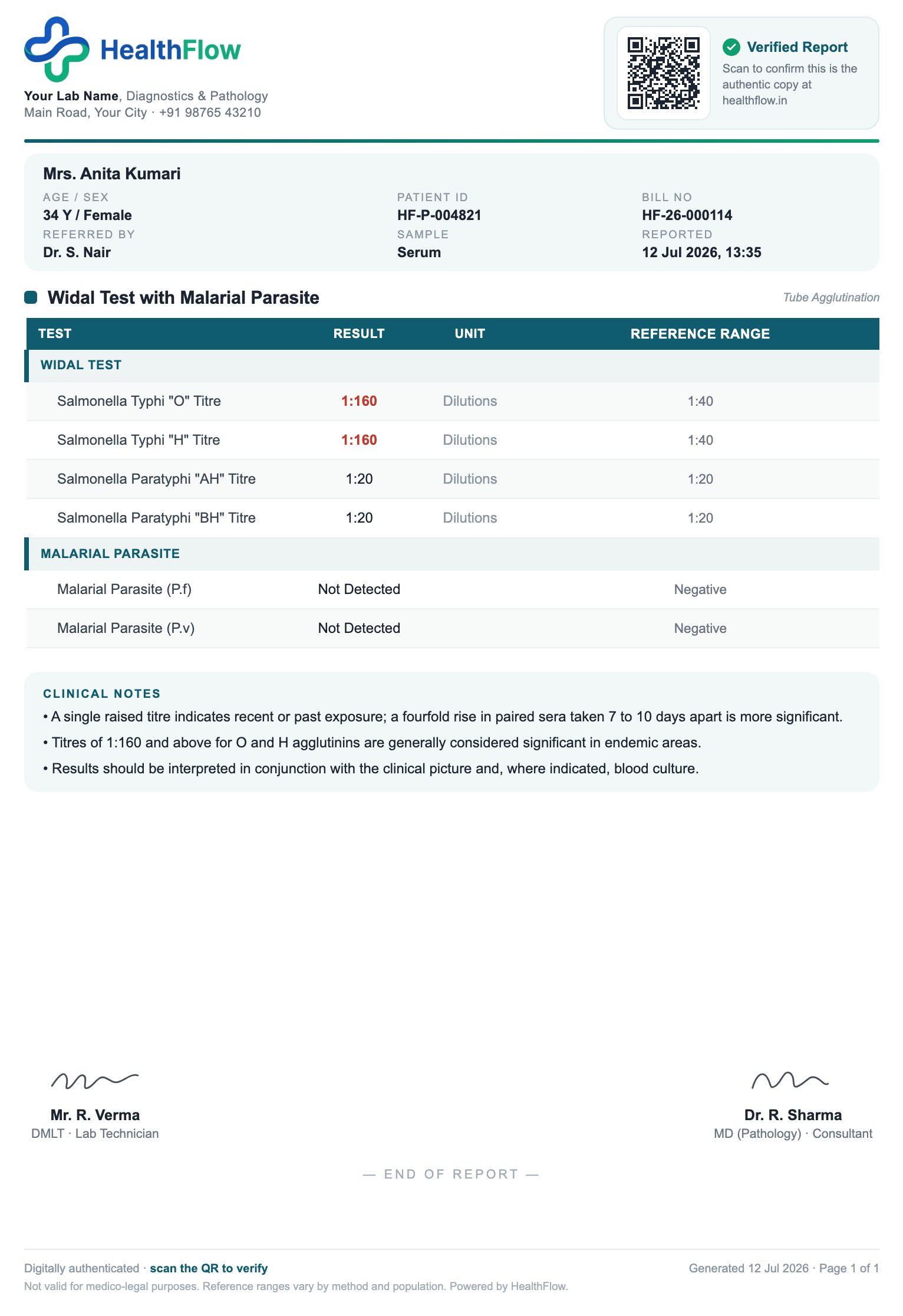 Widal & Malarial Parasite report format sample, branded with HealthFlow